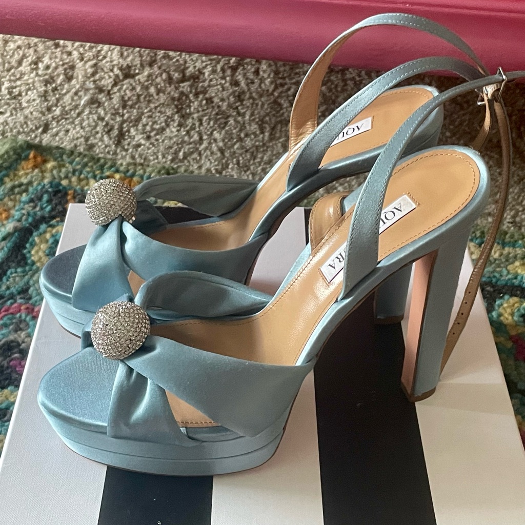 Aquazzura Yes Darling Light Blue Satin Platform Sandal Size 41 Swarovski Crystal